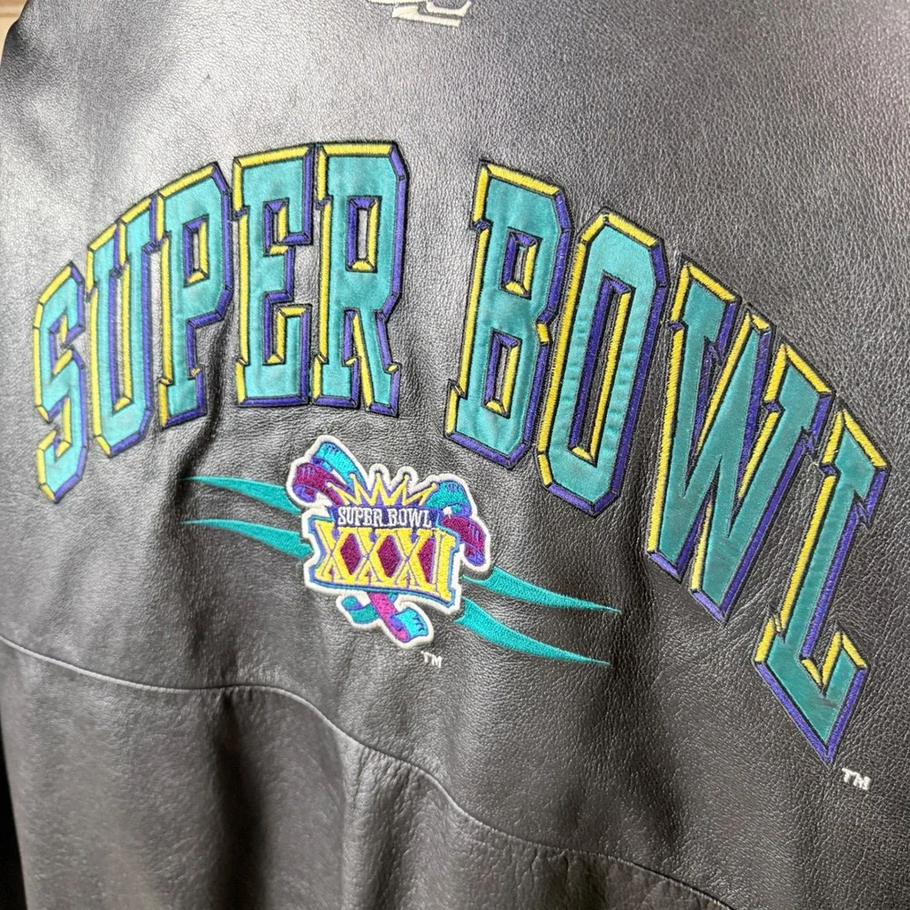 Vintage NFL Super Bowl XXXI Leather Jacket‎ Logo Athletic Men's L Black Teal